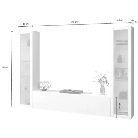 Parete da Soggiorno Attrezzata con 2 Vetrine Porta TV Bianco Lucido