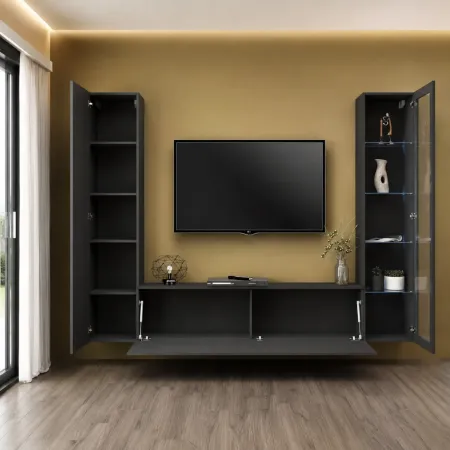 Parete da Soggiorno Attrezzata con Vetrina Porta TV Antracite Opaco