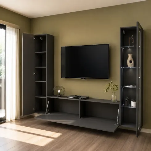 Parete da Soggiorno Attrezzata con Vetrina Porta TV Antracite Opaco