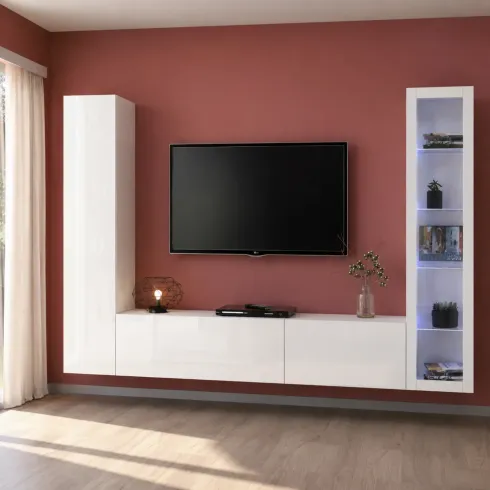 Parete da Soggiorno Attrezzata Porta TV con Vetrina Bianco Lucido