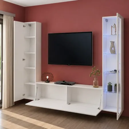 Parete da Soggiorno Attrezzata Porta TV con Vetrina Bianco Lucido