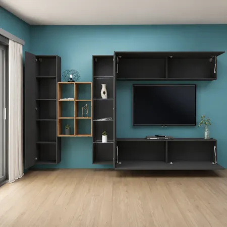 Mobile Soggiorno Antracite Parete Attrezzata Porta TV Libreria Vetrina