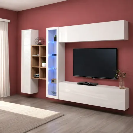 Mobile Soggiorno Bianco Parete Attrezzata Porta TV Libreria Vetrina