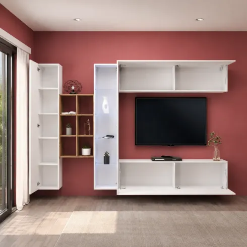Mobile Soggiorno Bianco Parete Attrezzata Porta TV Libreria Vetrina