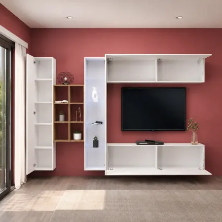 Mobile Soggiorno Bianco Parete Attrezzata Porta TV Libreria Vetrina