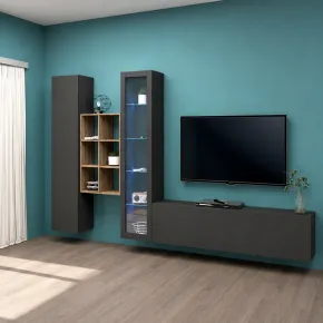 Parete Attrezzata Soggiorno Antracite Colonna Vetrina Porta TV Libreria 2