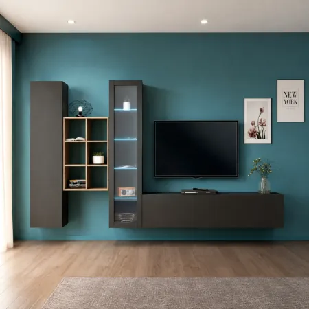 Parete Attrezzata Soggiorno Antracite Colonna Vetrina Porta TV Libreria