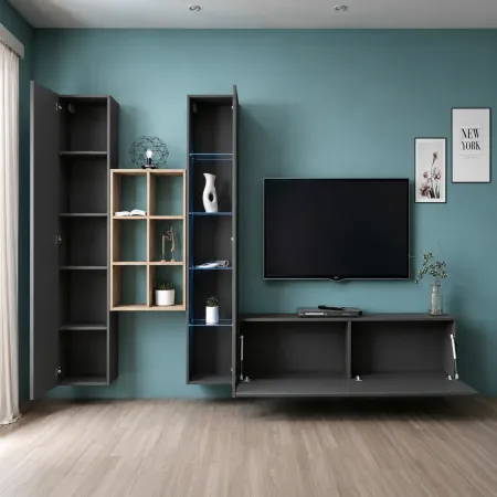 Parete Attrezzata Soggiorno Antracite Colonna Vetrina Porta TV Libreria