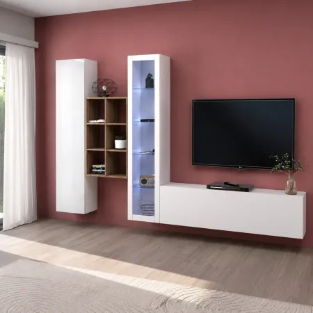 Parete Attrezzata Soggiorno Bianco Colonna Vetrina Porta TV Libreria