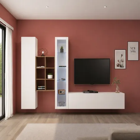 Parete Attrezzata Soggiorno Bianco Colonna Vetrina Porta TV Libreria