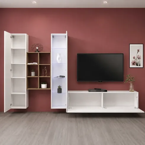 Parete Attrezzata Soggiorno Bianco Colonna Vetrina Porta TV Libreria