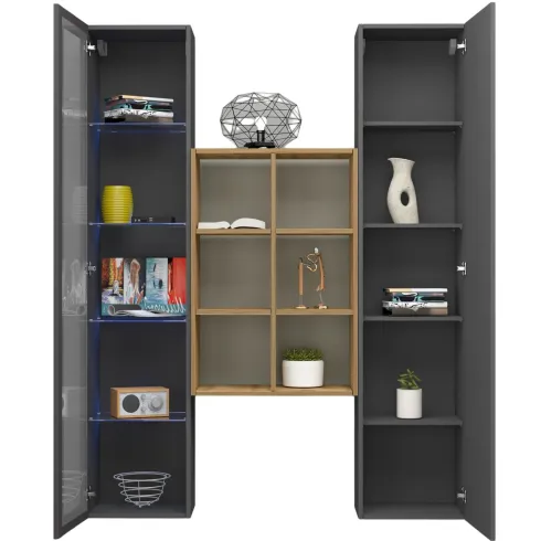 Mobile Soggiorno Colonna Vetrina Libreria Antracite Rovere a Parete