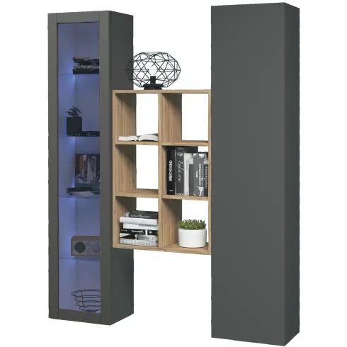 Mobile Soggiorno Colonna Vetrina Libreria Antracite Rovere a Parete