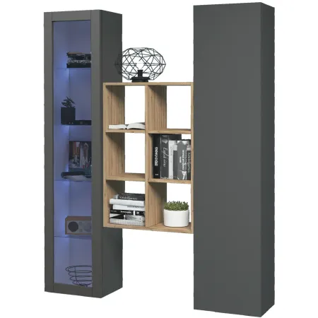 Mobile Soggiorno Colonna Vetrina Libreria Antracite Rovere a Parete