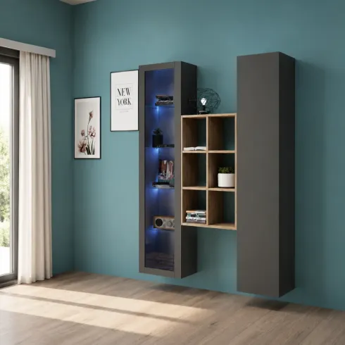 Mobile Soggiorno Colonna Vetrina Libreria Antracite Rovere a Parete