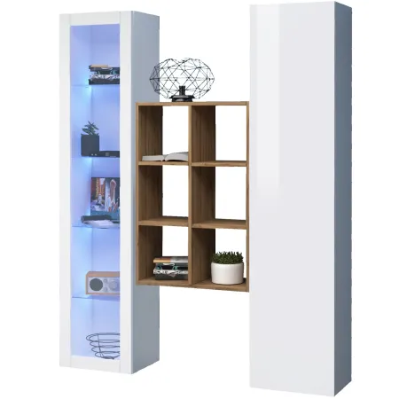 Mobile Soggiorno Colonna Vetrina Libreria Bianco Rovere a Parete