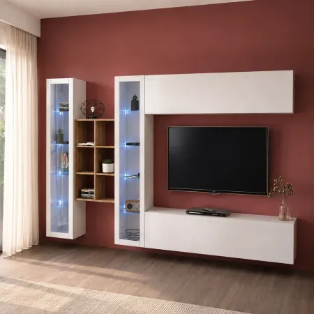 Parete Attrezzata per Soggiorno Vetrine Libreria Mobile TV Bianco