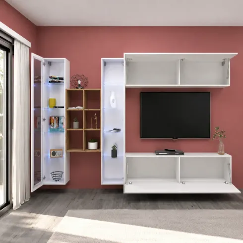 Parete Attrezzata per Soggiorno Vetrine Libreria Mobile TV Bianco
