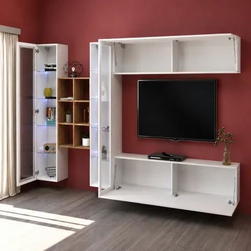 Parete Attrezzata per Soggiorno Vetrine Libreria Mobile TV Bianco
