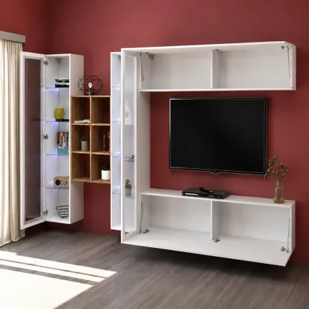 Parete Attrezzata per Soggiorno Vetrine Libreria Mobile TV Bianco