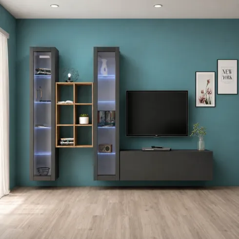 Parete Attrezzata Antracite per Soggiorno 320x30x180 cm con Vetrine