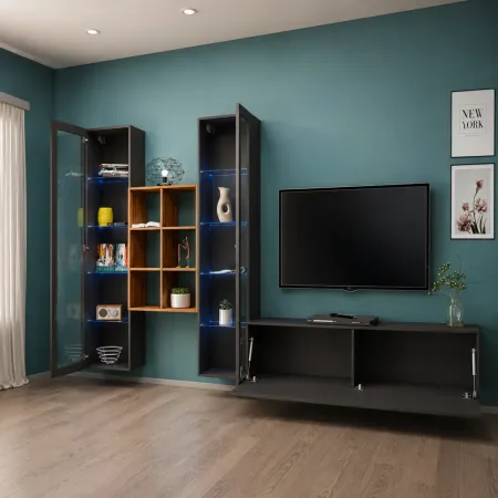 Parete Attrezzata Antracite per Soggiorno 320x30x180 cm con Vetrine