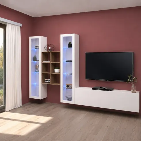 Parete Attrezzata Bianco Lucido per Soggiorno 320x30x180 cm Vetrine