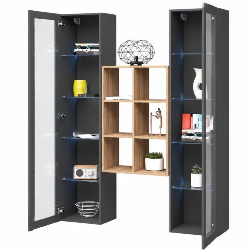 Parete Attrezzata Soggiorno 2 Vetrine Antracite Libreria Rovere 140 cm