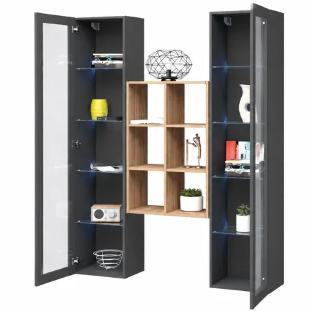 Parete Attrezzata Soggiorno 2 Vetrine Antracite Libreria Rovere 140 cm