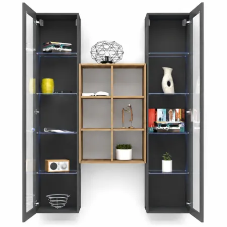 Parete Attrezzata Soggiorno 2 Vetrine Antracite Libreria Rovere 140 cm