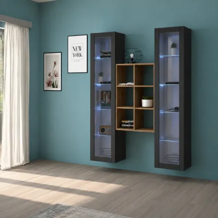 Parete Attrezzata Soggiorno 2 Vetrine Antracite Libreria Rovere 140 cm