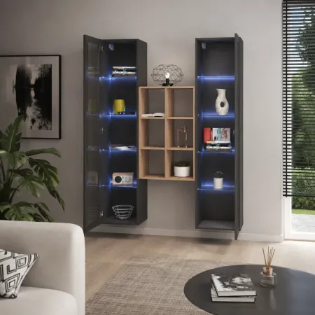 Parete Attrezzata Soggiorno 2 Vetrine Antracite Libreria Rovere 140 cm
