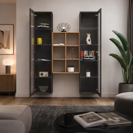 Parete Attrezzata Soggiorno 2 Vetrine Antracite Libreria Rovere 140 cm