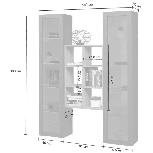 Parete Attrezzata Soggiorno 2 Vetrine Antracite Libreria Rovere 140 cm