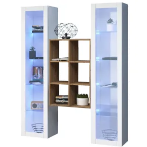 Parete Attrezzata Soggiorno 2 Vetrine Bianco Libreria Rovere 140 cm