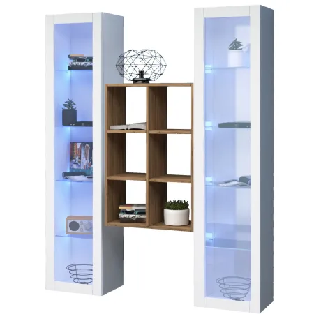 Parete Attrezzata Soggiorno 2 Vetrine Bianco Libreria Rovere 140 cm