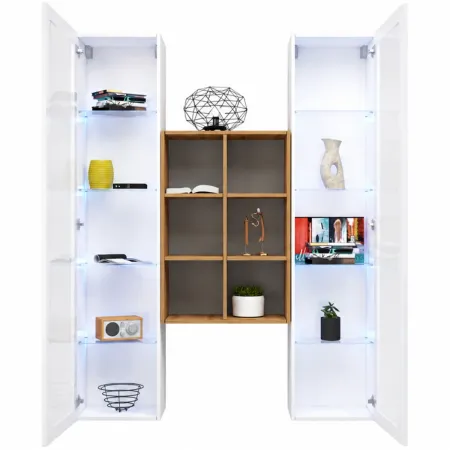 Parete Attrezzata Soggiorno 2 Vetrine Bianco Libreria Rovere 140 cm
