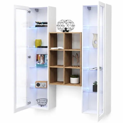 Parete Attrezzata Soggiorno 2 Vetrine Bianco Libreria Rovere 140 cm
