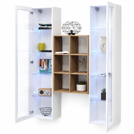Parete Attrezzata Soggiorno 2 Vetrine Bianco Libreria Rovere 140 cm