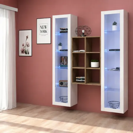 Parete Attrezzata Soggiorno 2 Vetrine Bianco Libreria Rovere 140 cm