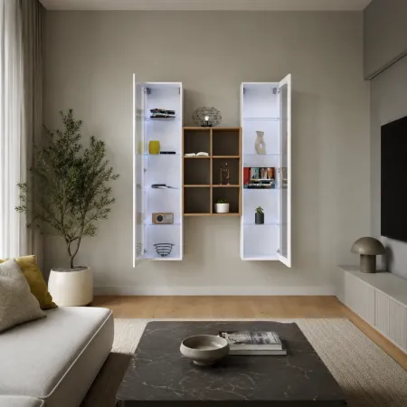 Parete Attrezzata Soggiorno 2 Vetrine Bianco Libreria Rovere 140 cm