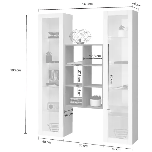 Parete Attrezzata Soggiorno 2 Vetrine Bianco Libreria Rovere 140 cm