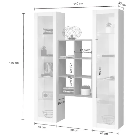 Parete Attrezzata Soggiorno 2 Vetrine Bianco Libreria Rovere 140 cm