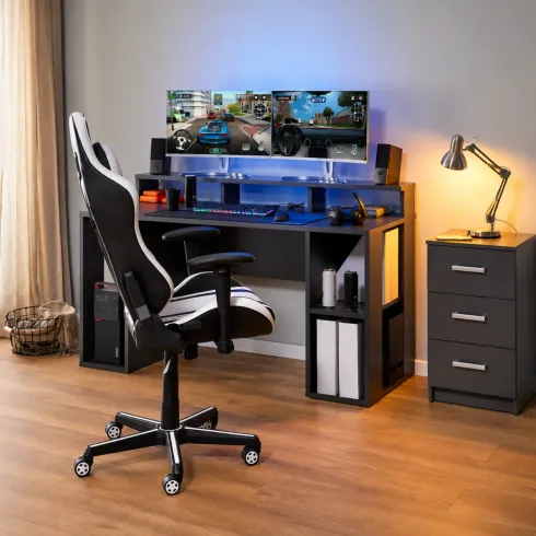 Tavolo Scrivania da Gaming Grande Grigia Porta Pc Ufficio per Gamer