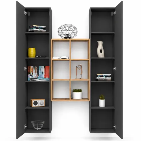 Parete Attrezzata Sospesa Soggiorno Antracite Rovere con Libreria