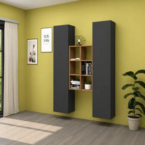 Parete Attrezzata Sospesa Soggiorno Antracite Rovere con Libreria