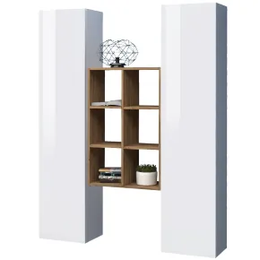 Parete Attrezzata Sospesa Soggiorno Bianco Lucido Rovere con Libreria
