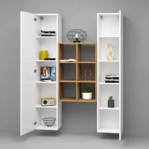 Parete Attrezzata Sospesa Soggiorno Bianco Lucido Rovere con Libreria 2