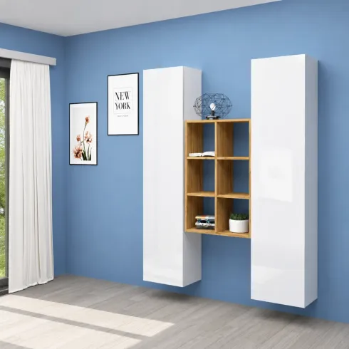 Parete Attrezzata Sospesa Soggiorno Bianco Lucido Rovere con Libreria