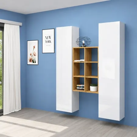 Parete Attrezzata Sospesa Soggiorno Bianco Lucido Rovere con Libreria